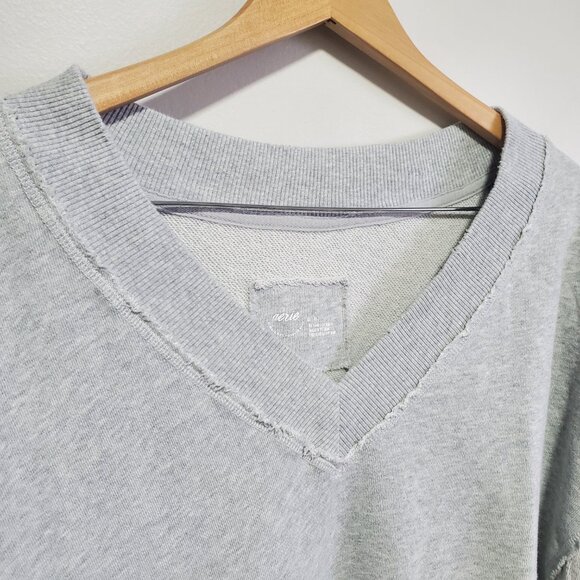AERIE Vacay Every Day V Neck Sweatshirt Oversized Raw Hem Grey Women's Medium - Picture 4 of 14